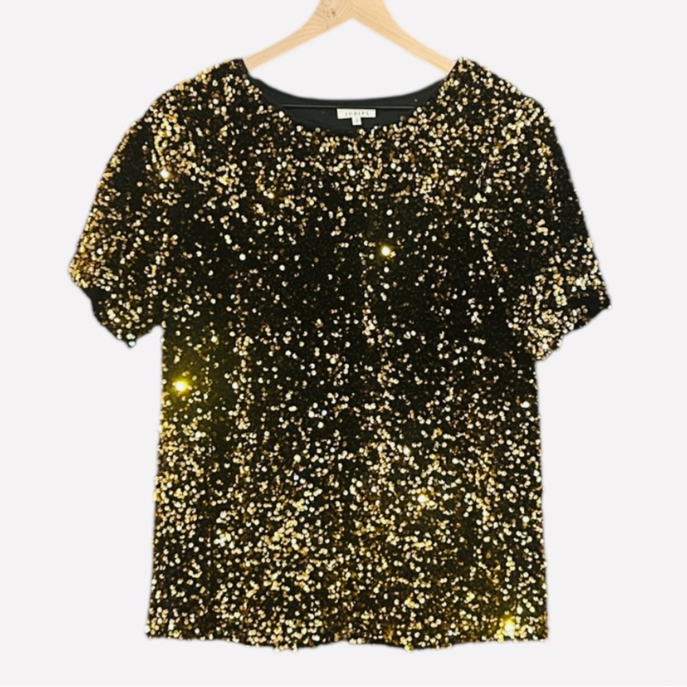 Jodifl Sequin Short Sleeve Loose Fit Lined Top Gold Women’s Size Small